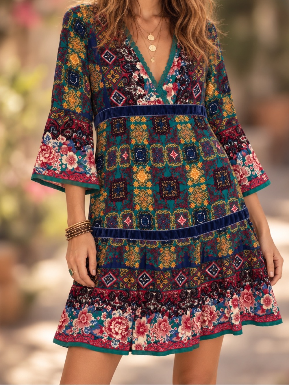 Flying Tomato Sz L Colorful Floral Dress Velvet Lace    V Neck Boho Cottagecore